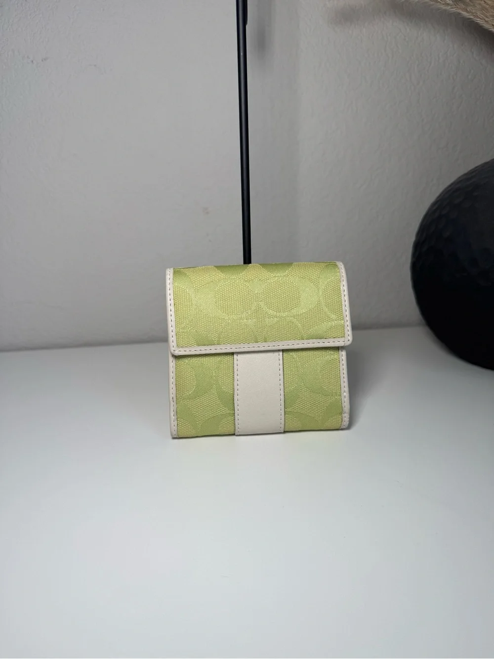 Vintage 2003 Coach Signature Jacquard Trifold Wallet in Lime Green